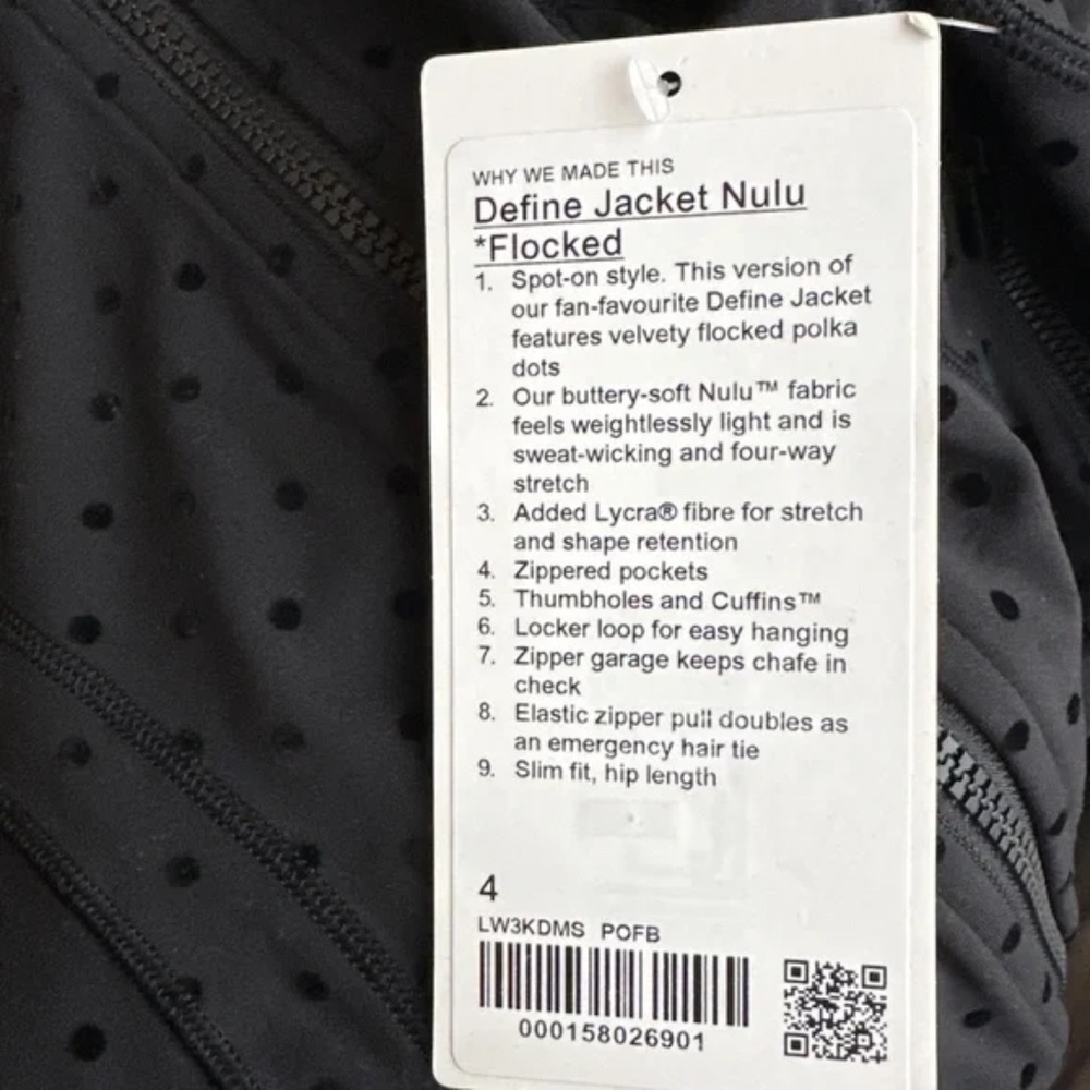 LULULEMON DEFINE JACKET NULU POLKA DOT FLOCKED BLACK SIZE 4 BRAND NEW - Picture 5 of 5